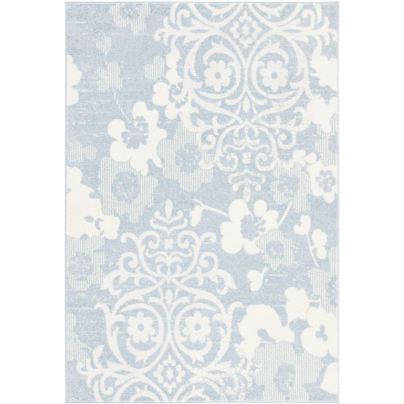 Gray and Ivory Floral Damask Synthetic Area Rug