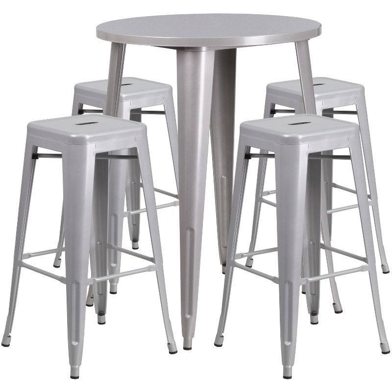 Silver Metal Round Bar Table Set with 4 Backless Stools