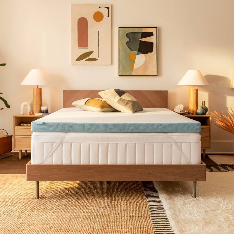 Twin XL White and Blue Memory Foam Cooling Mattress Topper