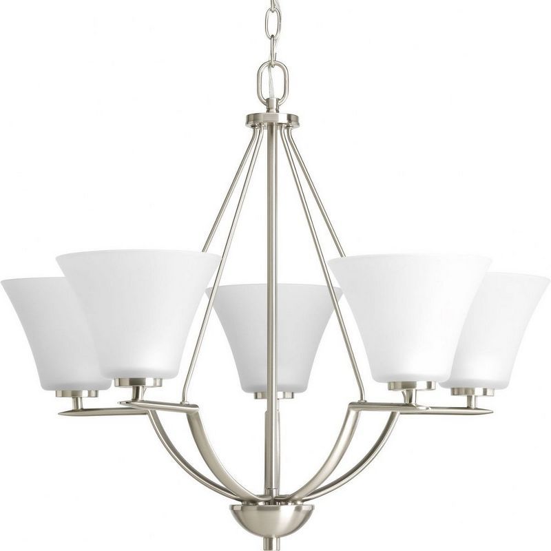 Bravo 5-Light Brushed Nickel Chandelier with White Etched Glass Shades