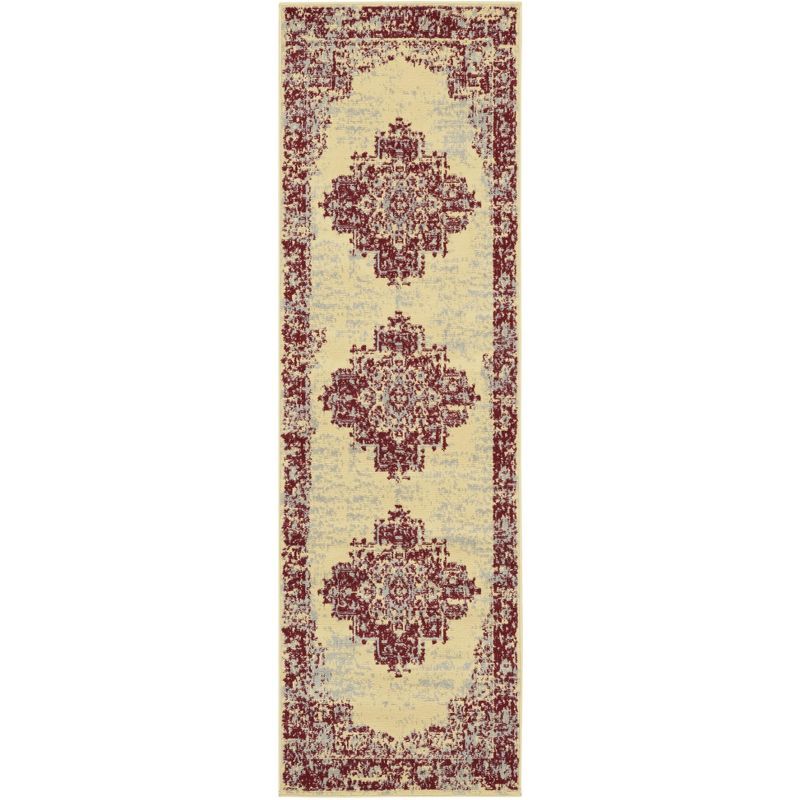 Cream and Red Medallion Tufted Runner Rug