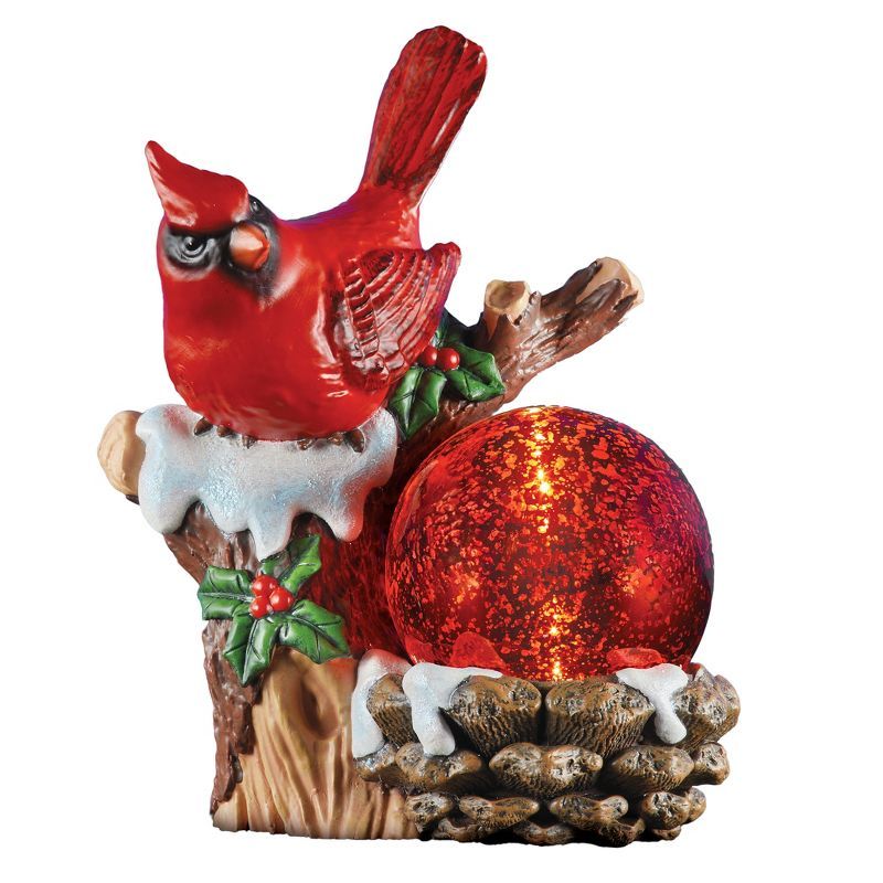 Red Cardinal with Solar Gazing Ball Winter Resin Statue