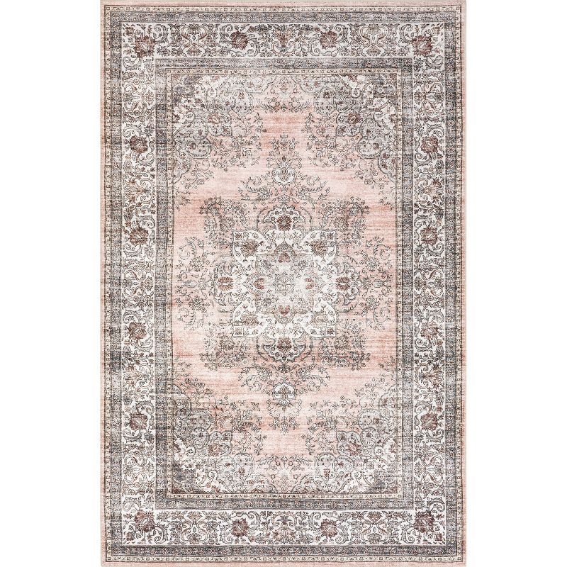 Blush Floral Washable Non-Slip Synthetic Area Rug