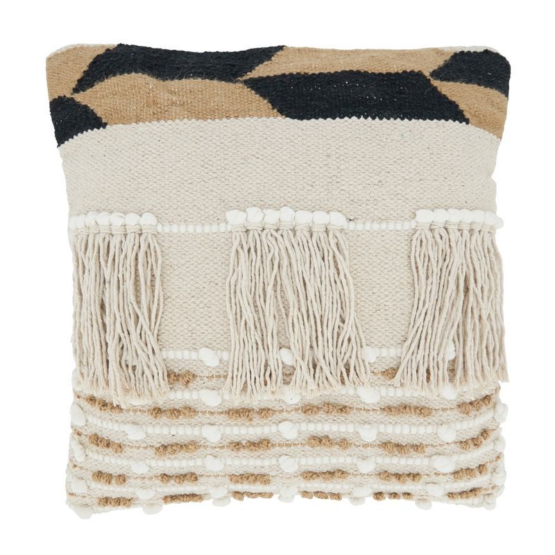 Ivory Fringe Boho Square Throw Pillow with Down Filling