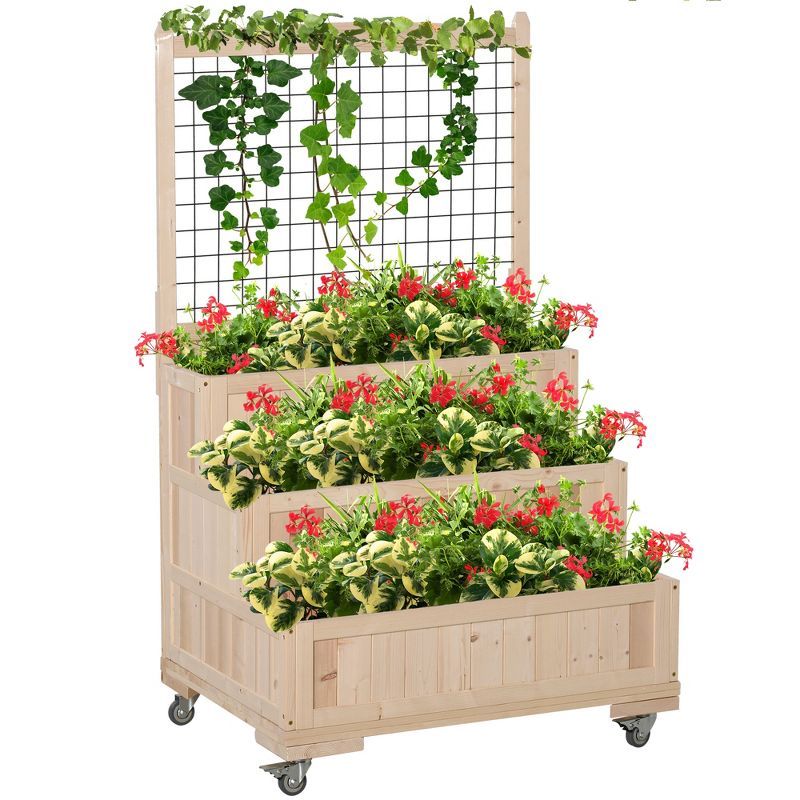 Natural Wood 3-Tier Raised Garden Bed with Trellis and Wheels