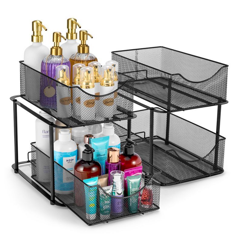 Black Steel 2-Tier Mesh Organizer Baskets with Sliding Drawers