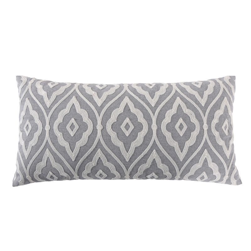 Tamsin Grey and Off-White Embroidered Rectangular Pillow