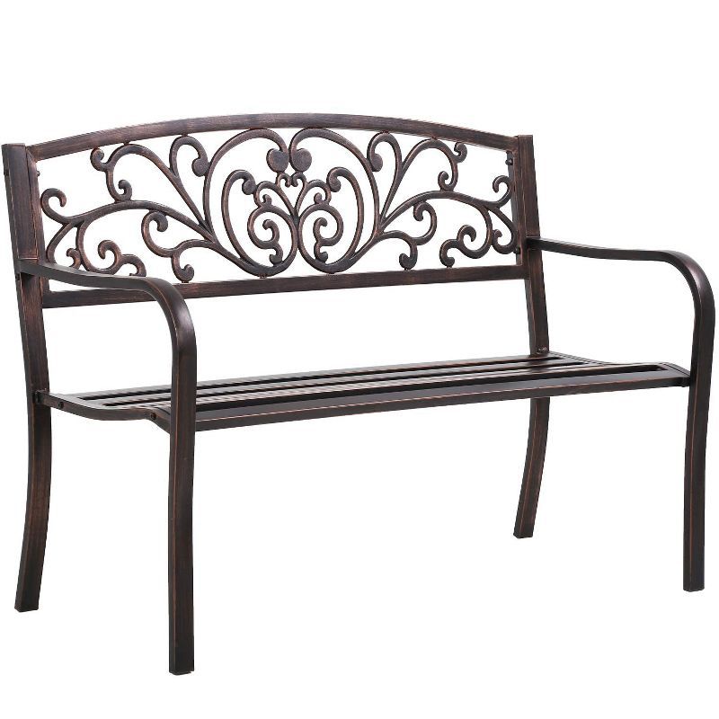 Bronze Powder-Coated Metal Garden Bench with Decorative Backrest