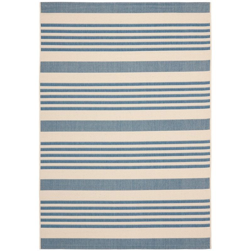 Beige and Blue 5' x 7' Striped Synthetic Indoor/Outdoor Rug