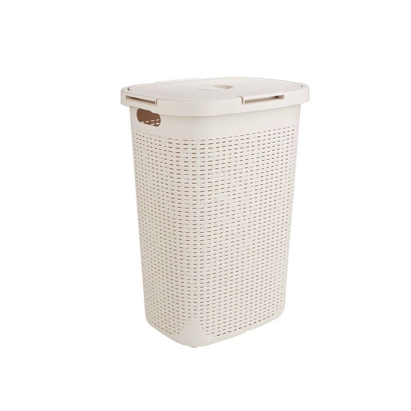 Ivory Plastic Wicker Collapsible Laundry Hamper with Wheels and Lid