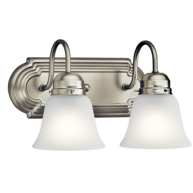 Classic 12.25" Distressed Bronze Vanity Light with White Bell Shades