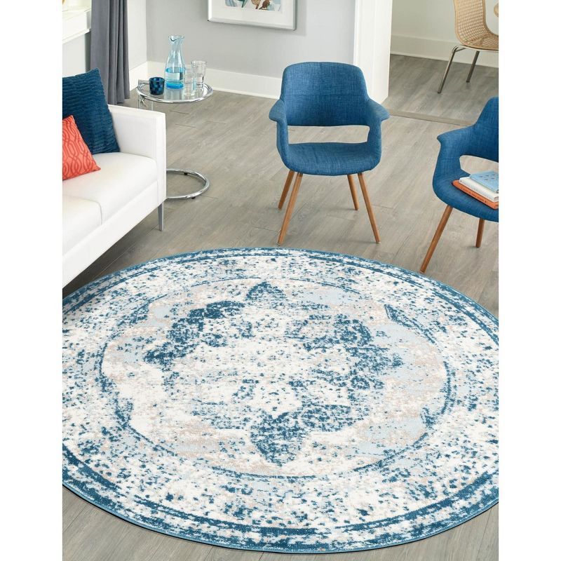 Reversible Round Blue and Light Blue Medallion Synthetic Rug