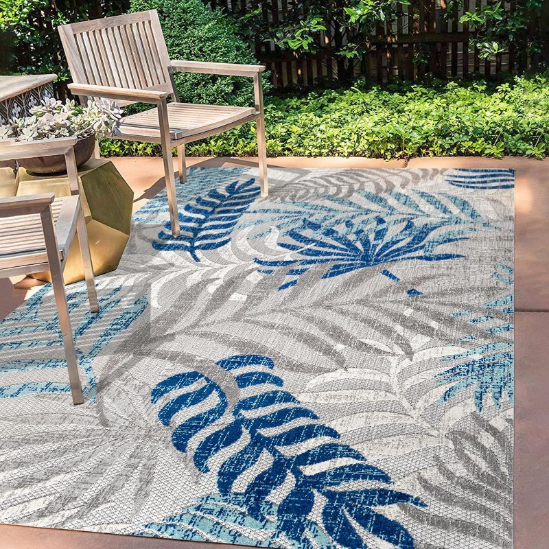 Gray and Blue Rectangular Synthetic Flat Woven Reversible Rug