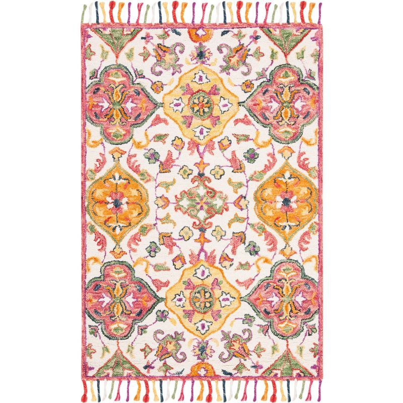 Ivory and Multicolor Tufted Wool 4' x 6' Area Rug