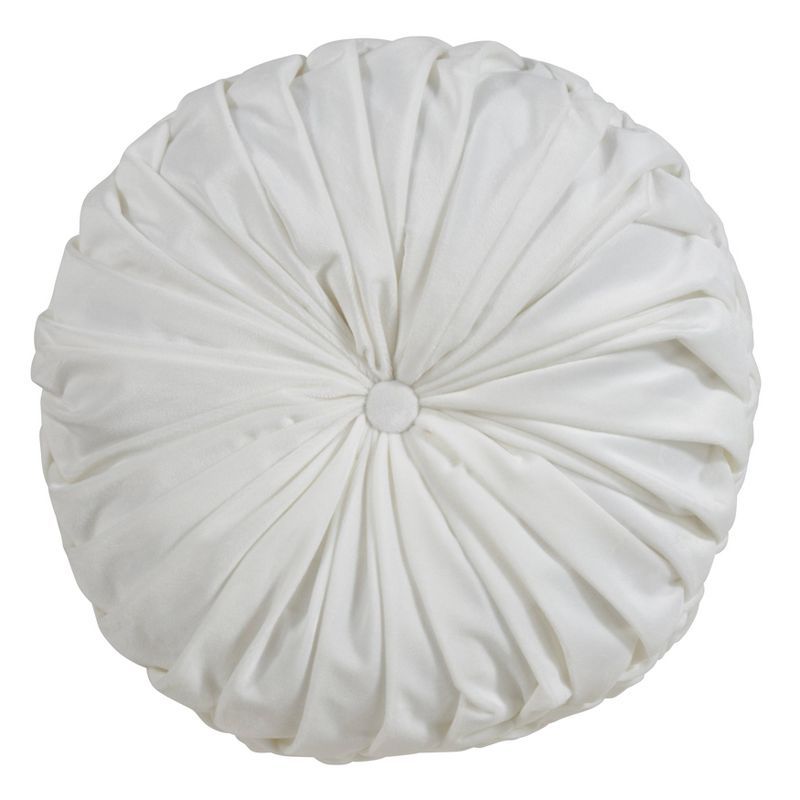 14" White Velvet Pintucked Round Throw Pillow