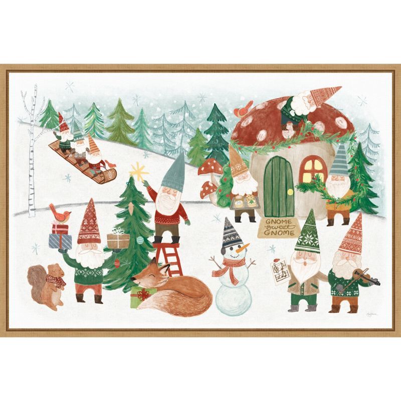 Holiday Gnomes Winter Scene Canvas Print in Wooden Frame