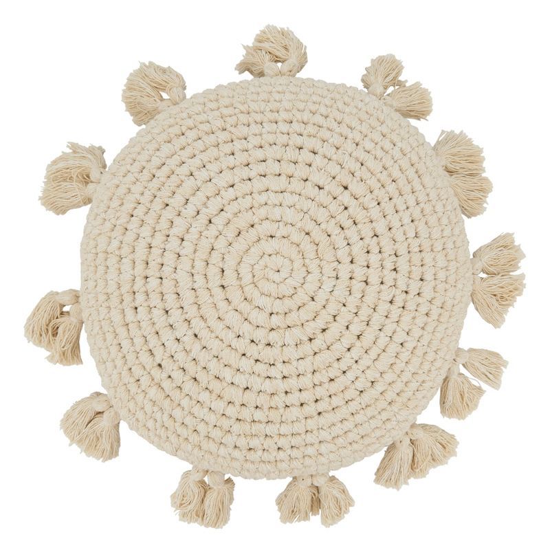 Beige Cotton Round Boho Tassel Throw Pillow