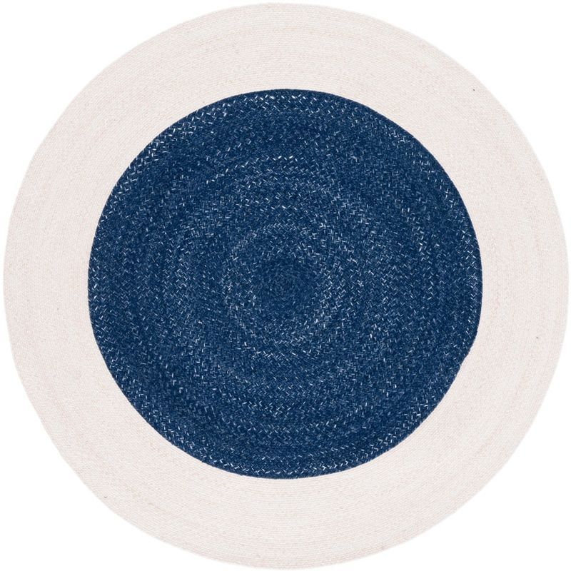 Handwoven Navy and Ivory Synthetic Braided Round Rug, 6'