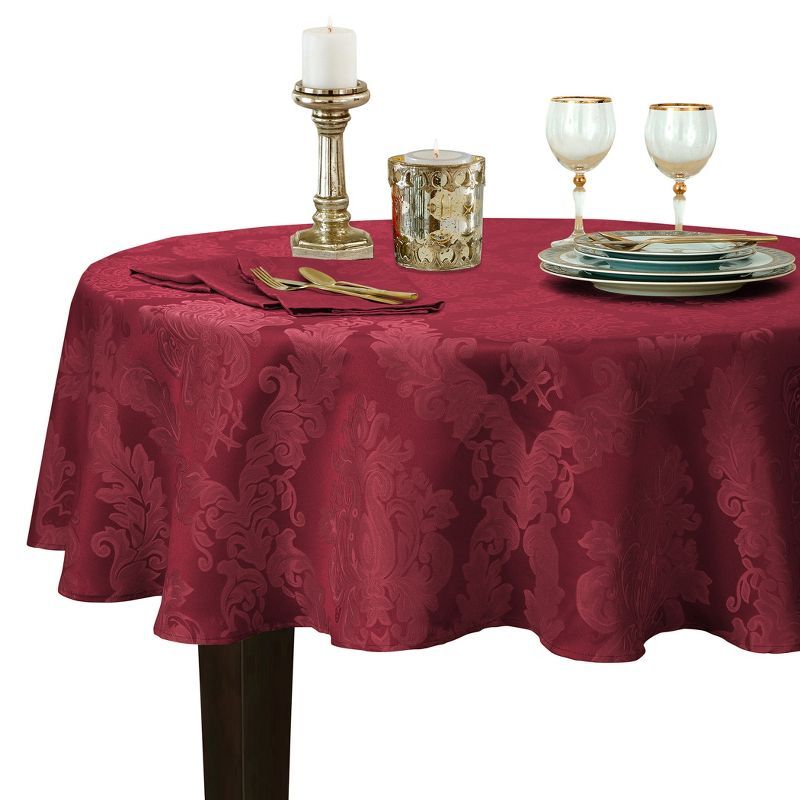 Burgundy Jacquard Damask Stain Resistant Round Tablecloth