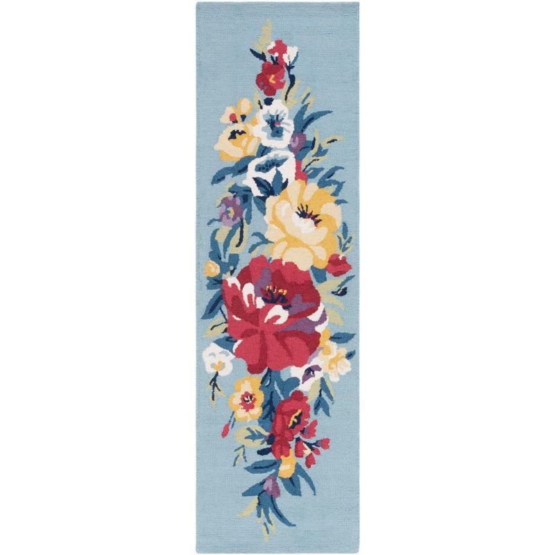 Blue and Rose Floral Wool Hand-Tufted Runner Rug