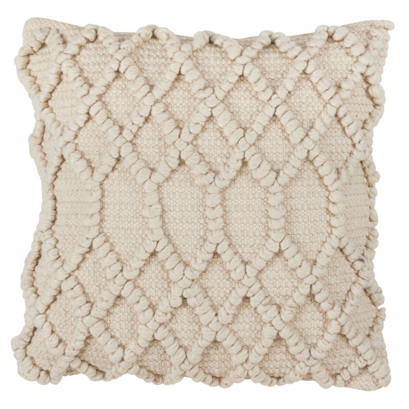 Ivory Wool Blend Diamond Weave Square Throw Pillow