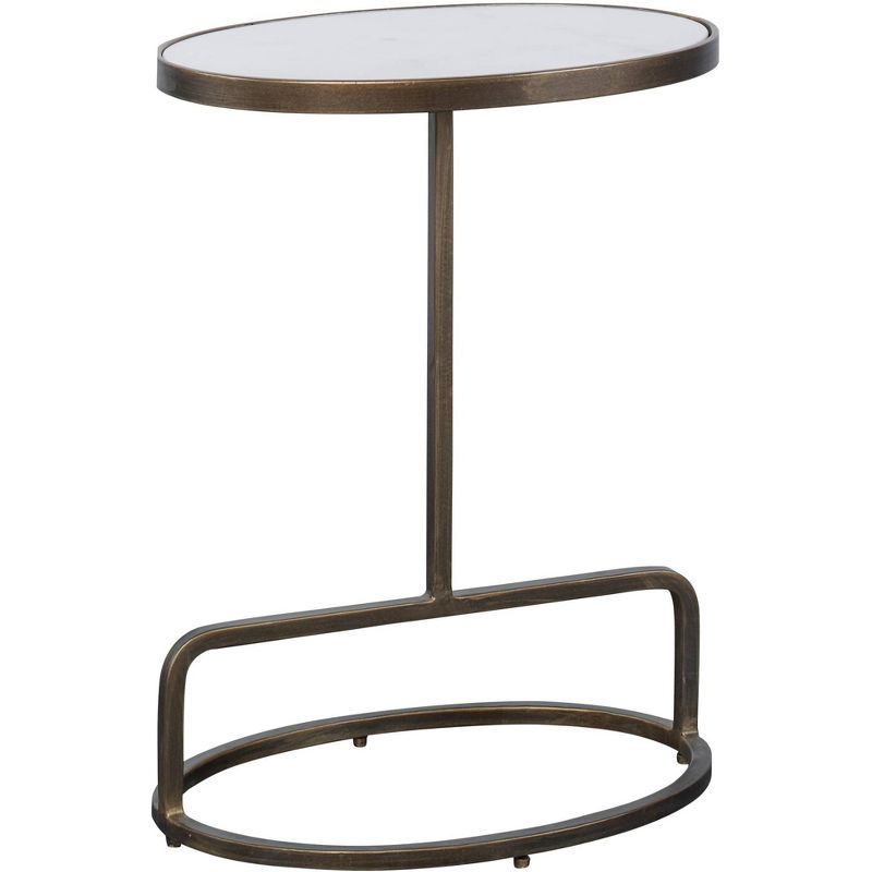 Oval White Marble and Antique Gold Iron Accent Table