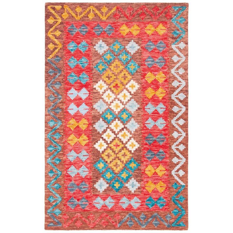 Handmade Red Wool Tribal Pattern Area Rug 5' x 8'