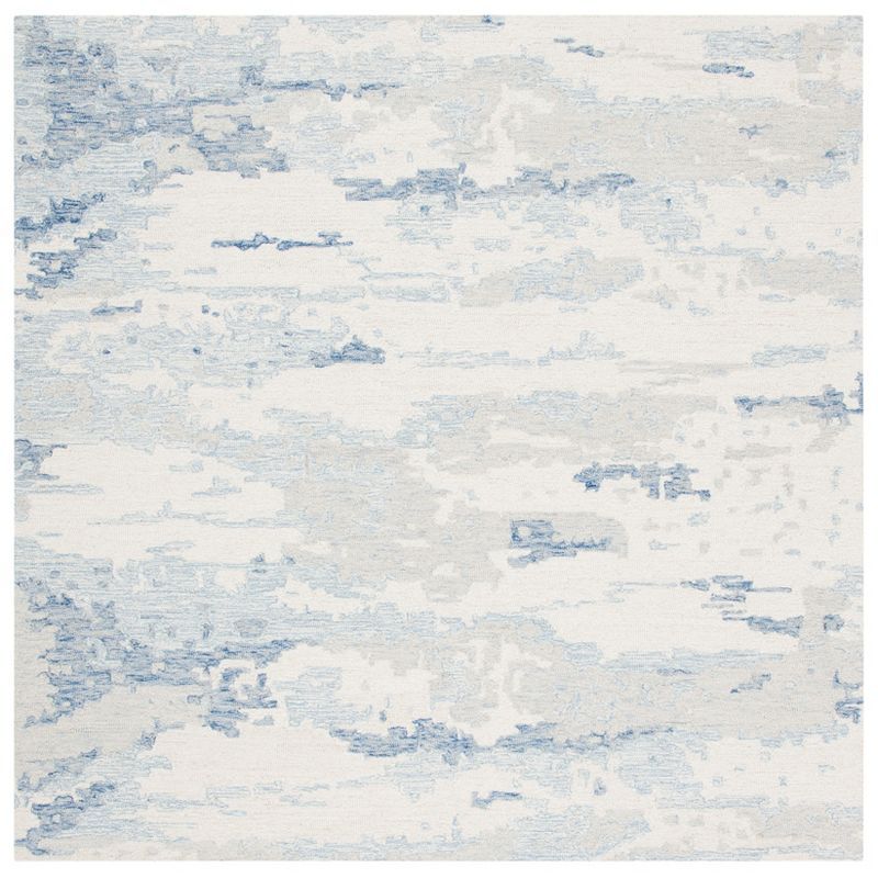 Ivory and Blue Abstract Hand-Tufted Wool 6' Square Rug