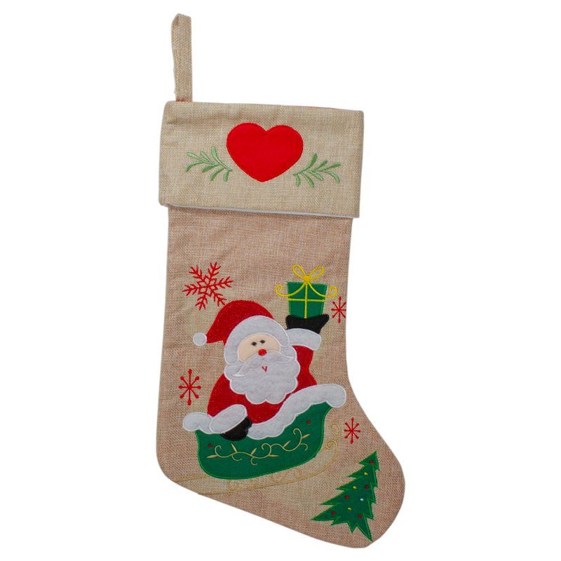 19" Red and Green Burlap Santa Claus Sleigh Christmas Stocking