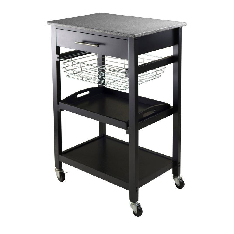 Transitional Julia Granite Top Black Kitchen Cart with Storage