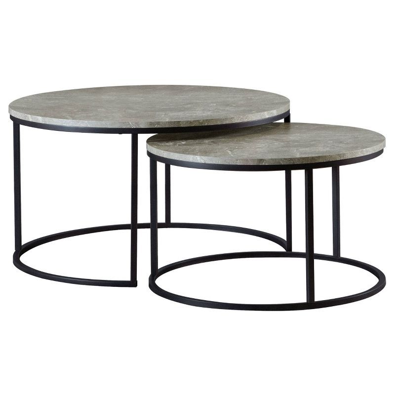 Gray Faux Marble and Wood Round Nesting Coffee Table Set