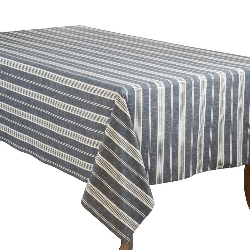 Navy Blue Striped Cotton Square Tablecloth 70"