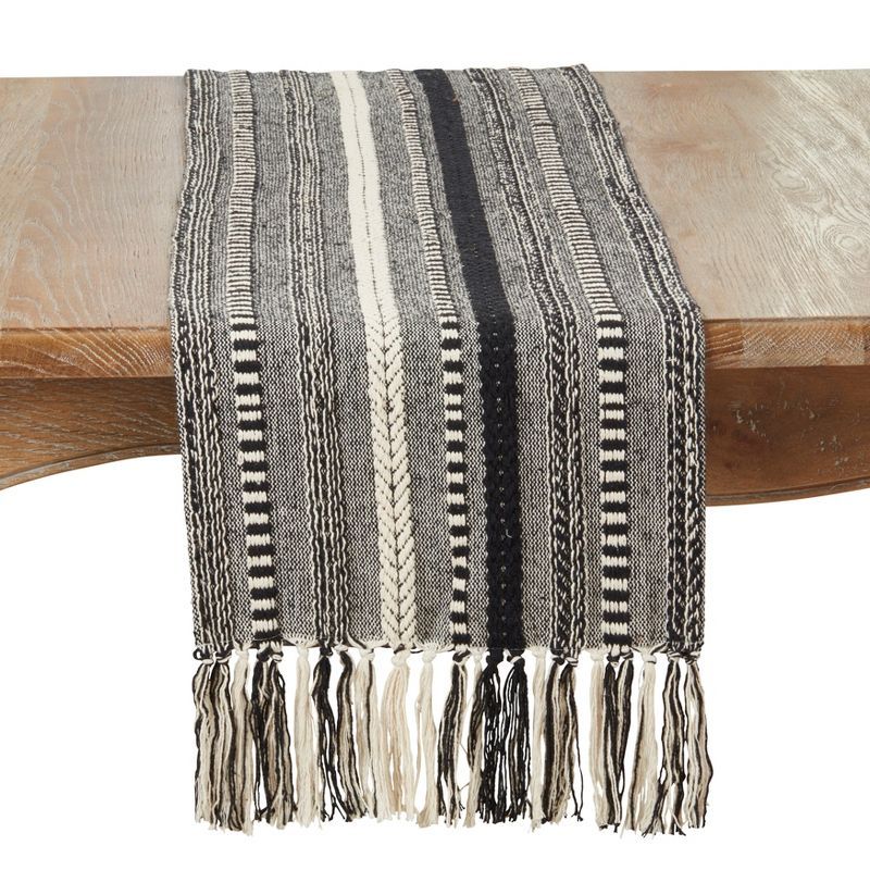 Black and White Cotton Fringe Stripe Table Runner, 14"x72"