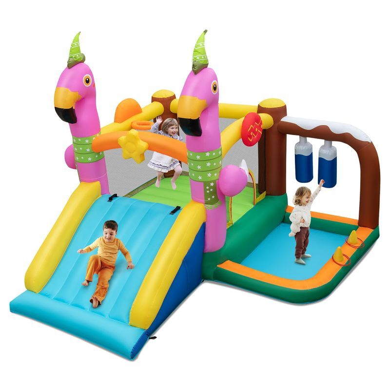 Flamingo-Themed 7-in-1 Inflatable Bounce House with Slide