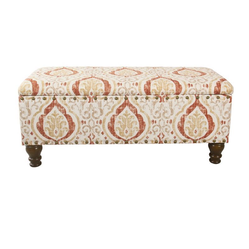 Walnut Legged Orange & Cream Medallion Print Storage Bench