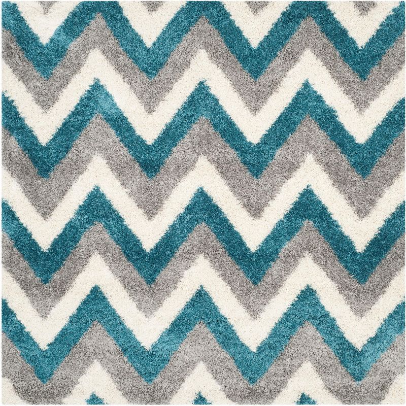 Ivory and Blue Chevron Kids Shag Square Rug