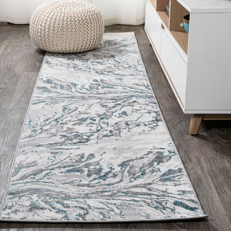 Gray and Turquoise Abstract Washable Synthetic Runner Rug 2' x 10'