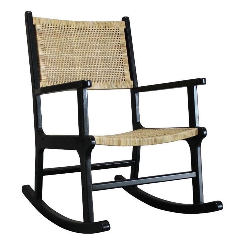Karson Black Mahogany and Rattan Rocking Chair with Arms