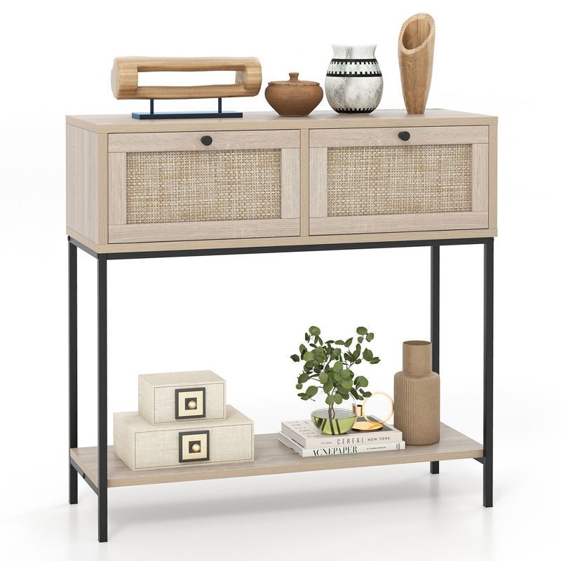 Natural Wood and Rattan Console Table with Metal Frame