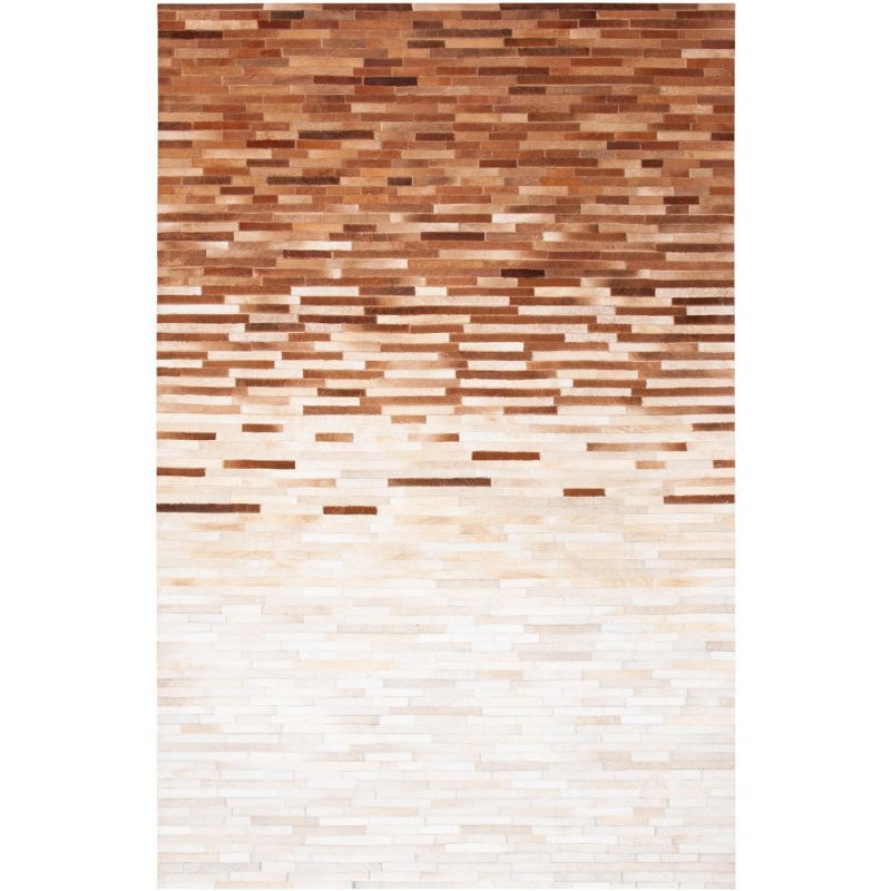 Ivory and Brown Hand-Knotted Geometric Cowhide Area Rug