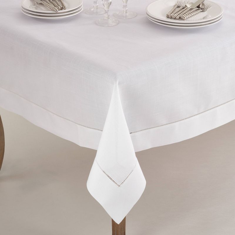 60"x60" White Hemstitch Border Square Polyester Tablecloth