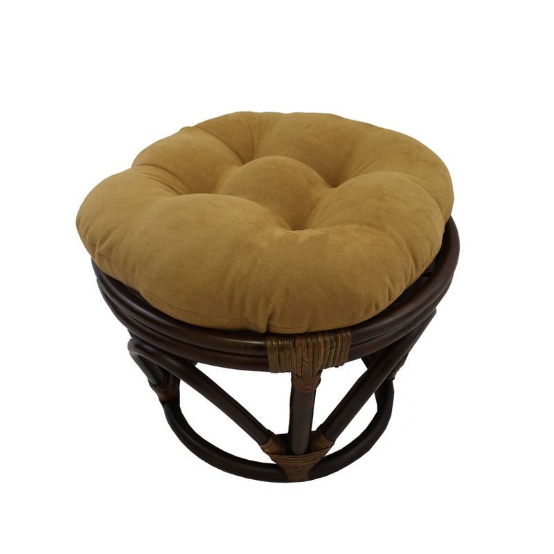 Bohemian Walnut Finish Tufted Round Rattan Ottoman with Microsuede Cushion