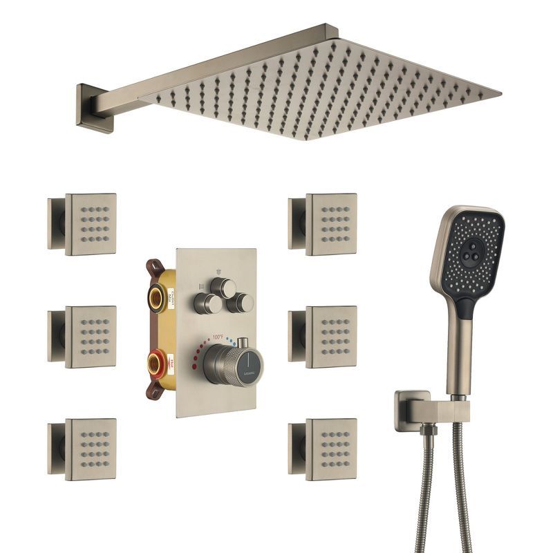 Brushed Nickel Multi-Head Shower System with Thermostatic Valve and Body Jets