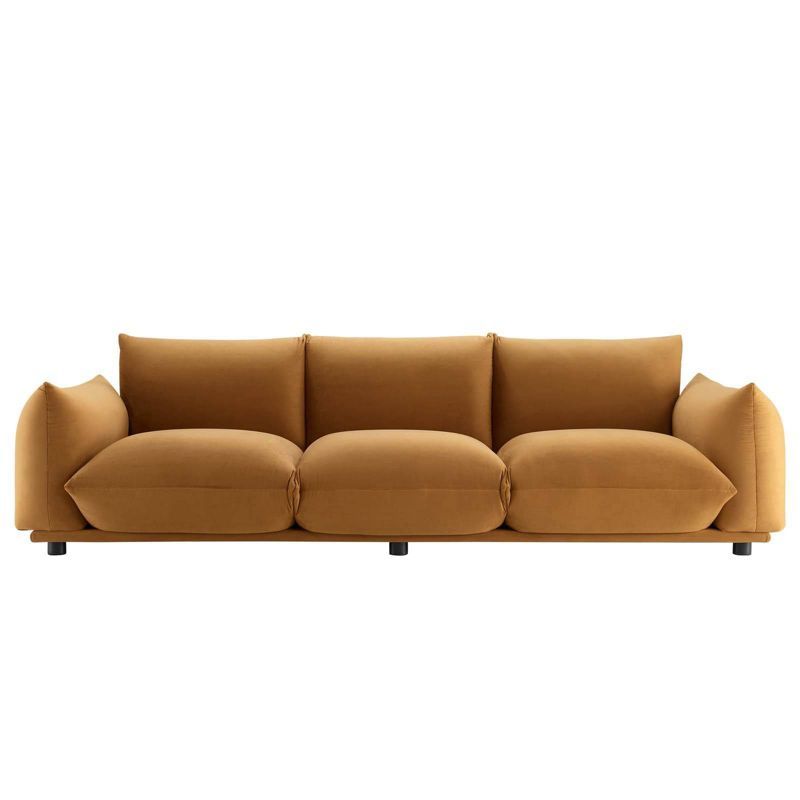 Cognac Plush Performance Velvet 100" Sofa on Solid Wood Legs