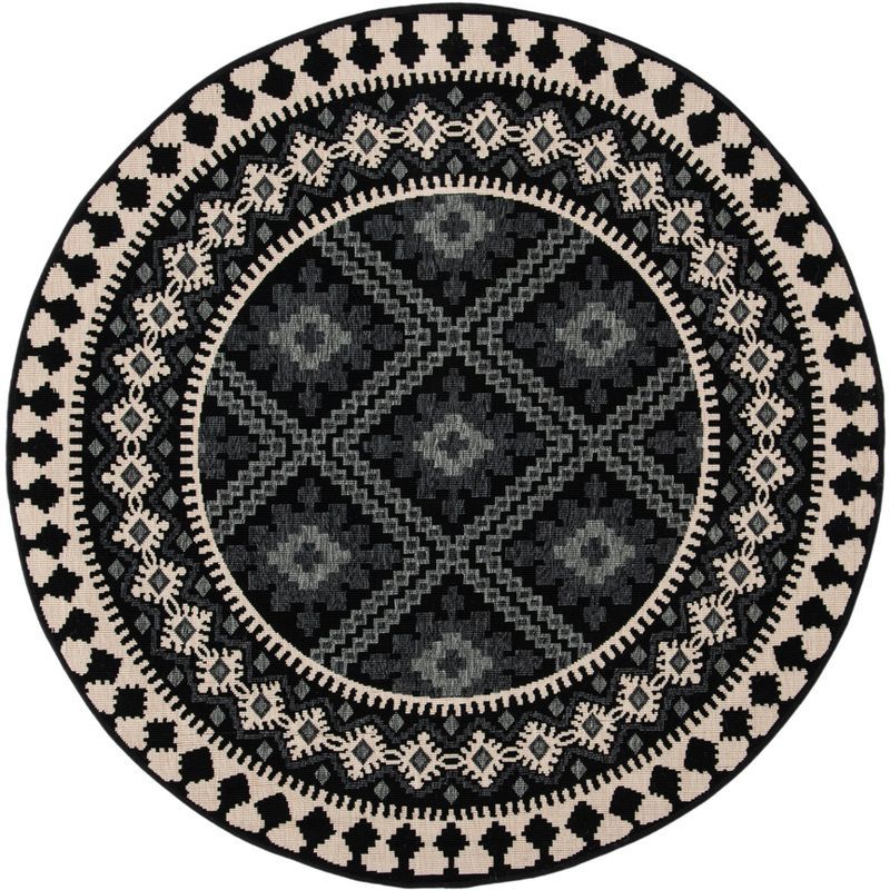 Easycare Veranda Black & Cream Synthetic 3' Round Indoor/Outdoor Rug