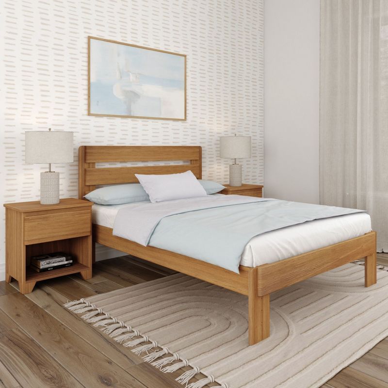 Pine Wood Queen Bed Frame with Plank Headboard in Pecan