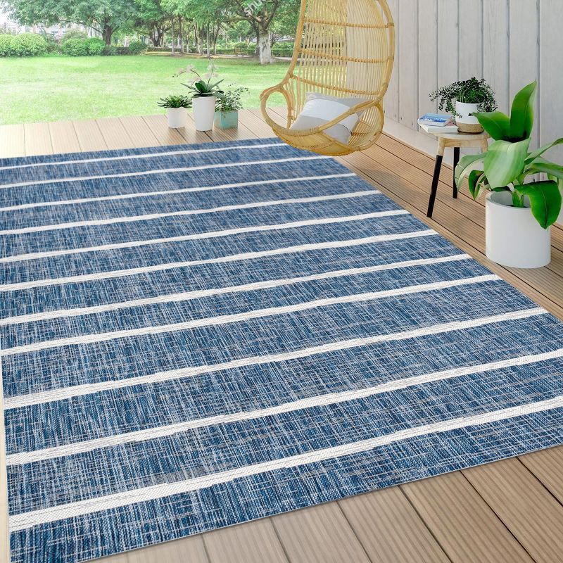 Colonia Blue and Ivory Berber Stripe Indoor/Outdoor Rug 5x8