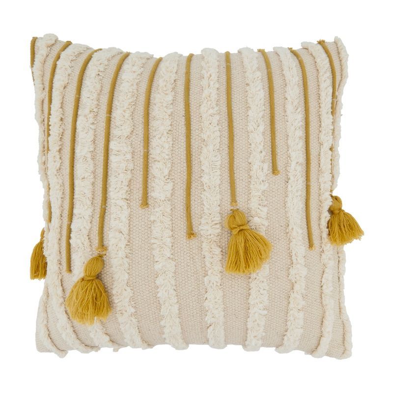 Beige Cotton Tassel and Tufted 20" Square Throw Pillow