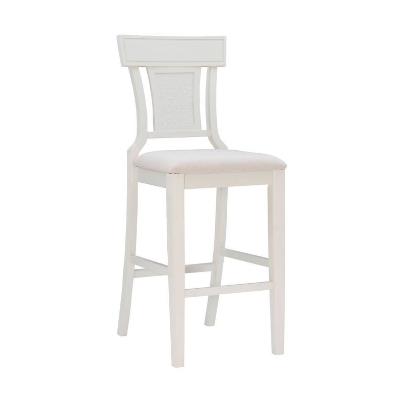 Rylan 30" Solid Wood Coastal Barstool with Hand-Woven Rattan Back, White Wash and Beige