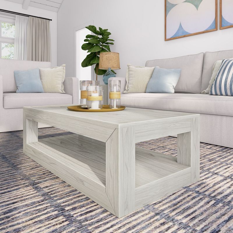 White Sand Wirebrush Rectangular Wood Coffee Table with Storage Shelf